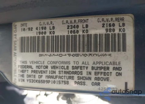 1993 Saab 9000 Cs/Cse из США, поврежденный, VIN YS3CK65B9P1015758